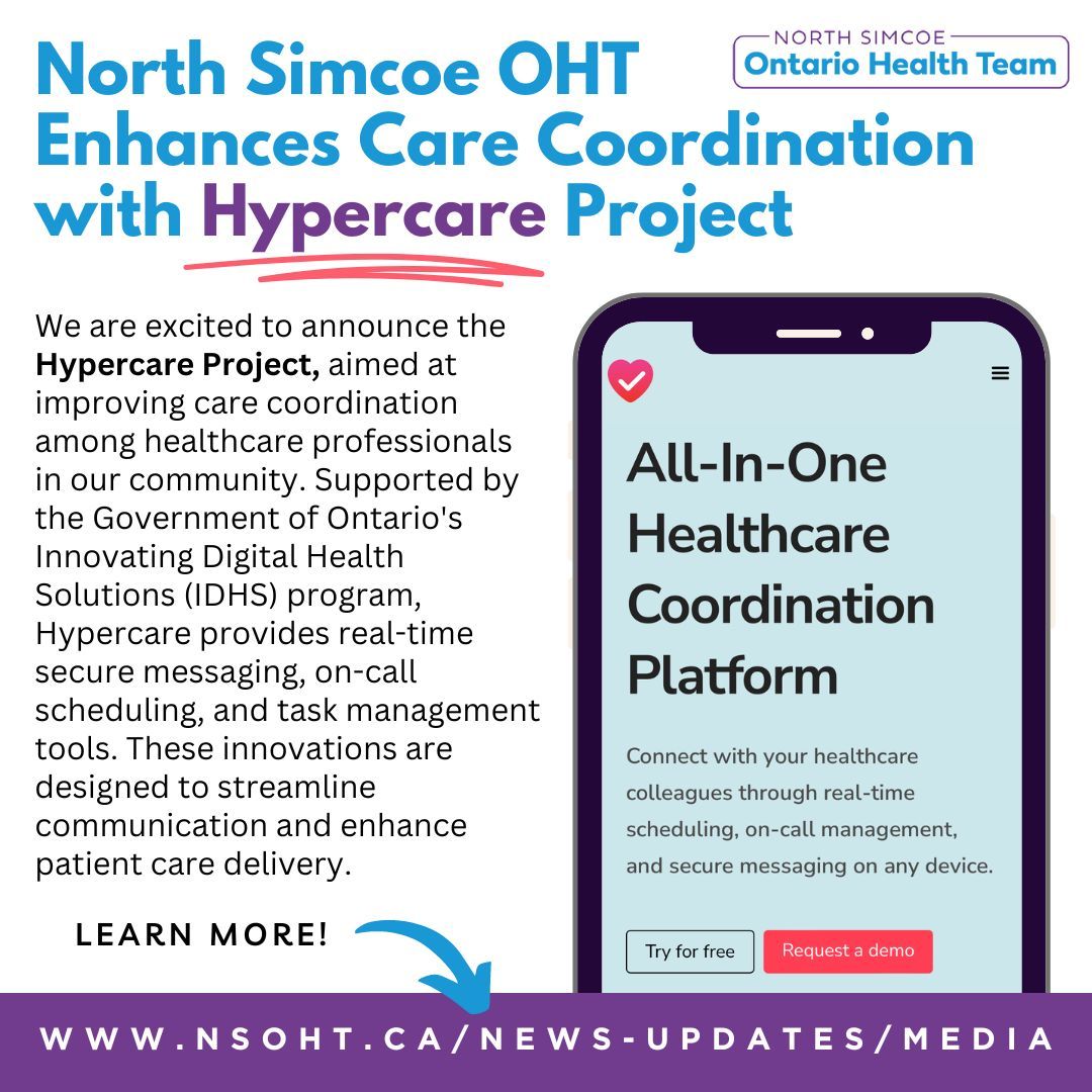 OHTNorthSimcoe's tweet photo. 🌟 Exciting News from #NSOHT! 🌟 We are thrilled to announce the implementation of the #Hypercare project, an initiative designed to enhance care coordination among healthcare professionals in our community.
Read the press release here: https://t.co/INzLLkvN56.
@OCInnovation https://t.co/mAz4VIlskY