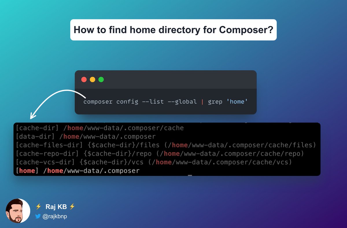 rajkbnp's tweet image. 🙋 Are you having trouble locating Composer's home directory (for instance,  to find the location of auth.json)?

Don't worry, you can use the  command below to quickly find it. 🤟
#php #laravel #symfony