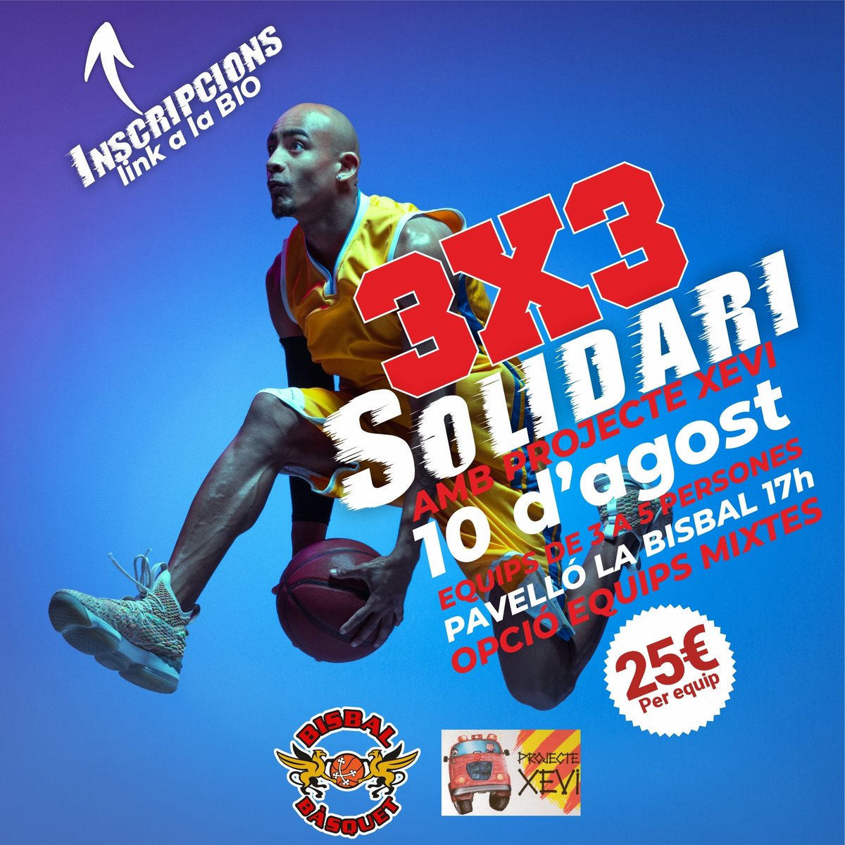 🏀 3x3 solidari 2024 🏀
📅 10 d'agost 
⏰ 17:00h
📍 Pavelló Vell i Firal de la Bisbal
⛹‍♀ Equips fins a 5 jugadors (poden ser mixtes)
💰 25€/equip
📝 Inscripcions👇🏻👇🏻👇🏻
docs.google.com/forms/d/e/1FAI…
