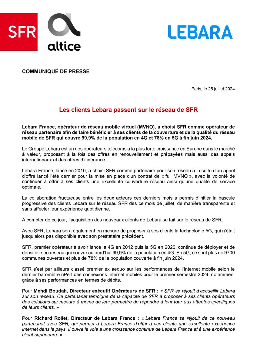 Lebara France, opérateur de réseau mobile virtuel (#MVNO), a choisi #SFR comme opérateur de réseau partenaire afin de faire bénéficier à ses clients de la couverture et de la qualité du réseau mobile de SFR qui couvre 99,9% de la population en #4G et 78% en #5G à fin juin 2024.