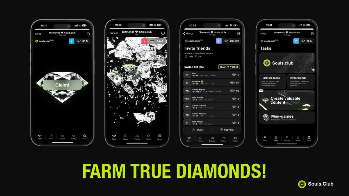 2/ How to farm diamonds? 💎
Invite friends, join mini-games, quests, team competitions, &amp; Content challenges!

Congrats @SoulsClubETH for this all-in-one miniapp. Airdrop of $SCLUB, control panel for game, SocialFi, and other tools. LFG!🔥🔥

🔗 Join us: t.me/Souls_Club_bot…