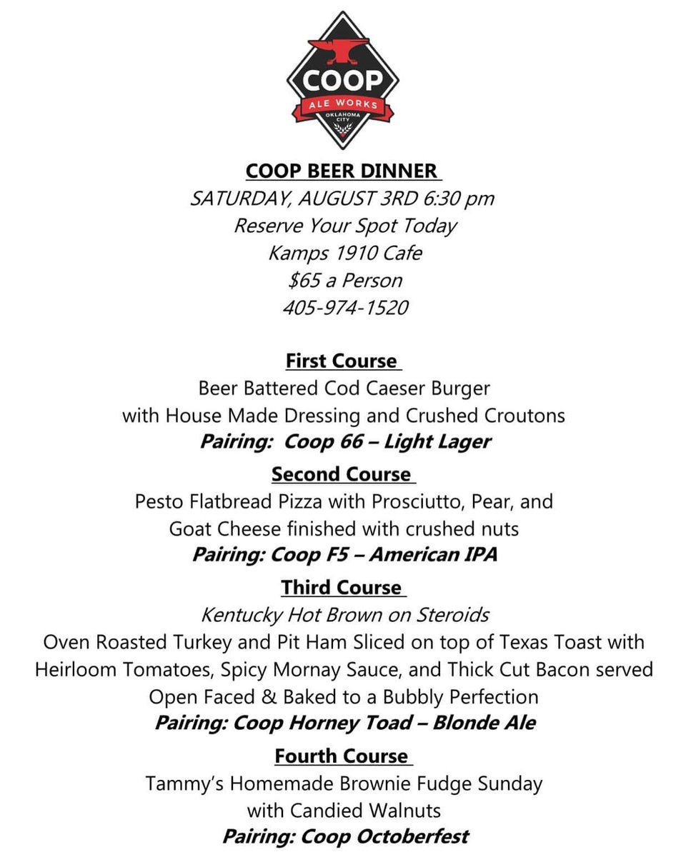 COOPAleWorks (@coopaleworks) on Twitter photo Join us for an unforgettable evening on Saturday, August 3rd, at <a href="/Kamps1910/">Kamp's 1910</a> Cafe featuring a four-course beer dinner! 🍻
$65 per person. Tickets are limited and will sell out. Reserve your spot now by calling Kamp’s 1910 Cafe at 405-230-1910 or visit the restaurant! 🍽️ Join us for an unforgettable evening on Saturday, August 3rd, at <a href="/Kamps1910/">Kamp's 1910</a> Cafe featuring a four-course beer dinner! 🍻
$65 per person. Tickets are limited and will sell out. Reserve your spot now by calling Kamp’s 1910 Cafe at 405-230-1910 or visit the restaurant! 🍽️
