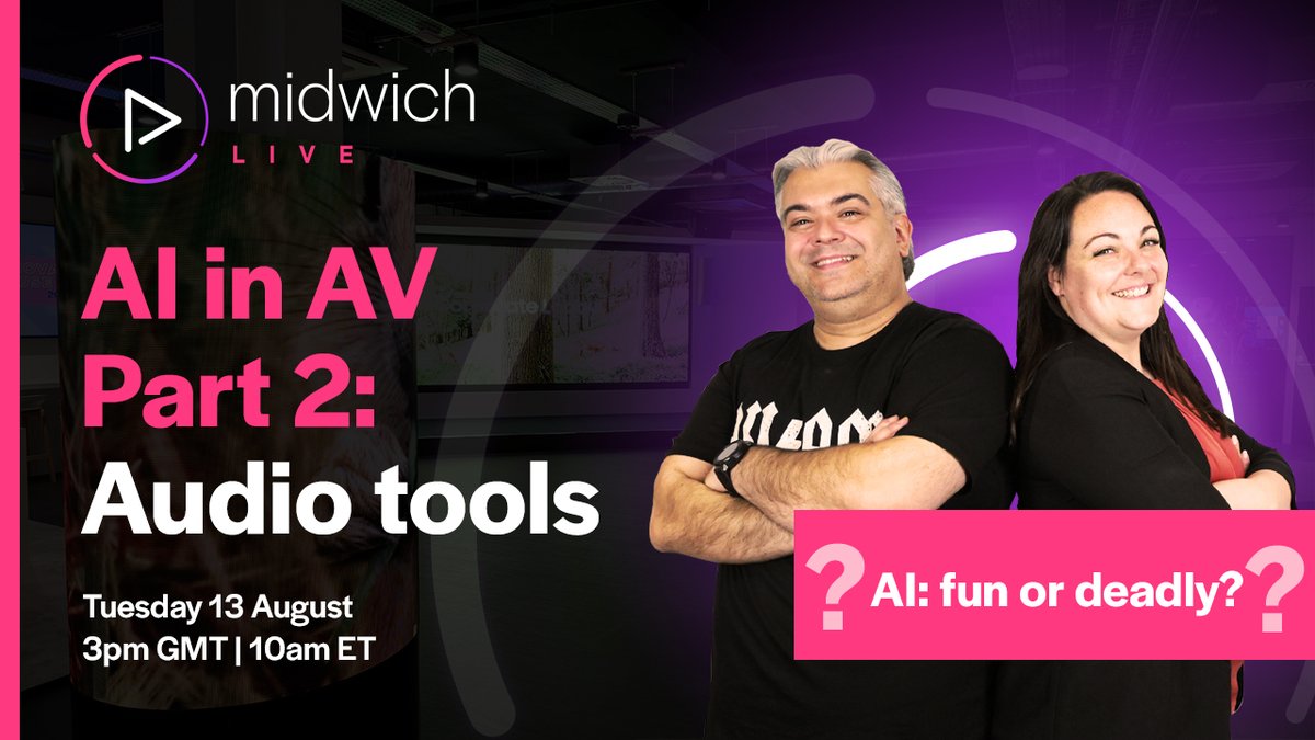 Midwich UK&I (@midwichltd) on Twitter photo ๐ค ๐๐ข๐๐ฐ๐ข๐๐ก ๐๐ข๐ฏ๐ | ๐๐ ๐ข๐ง ๐๐ ๐๐๐ซ๐ญ 2: ๐๐ฎ๐๐ข๐จ ๐๐จ๐จ๐ฅ๐ฌ๐ค
AI continues to be a hot topic and in this episode, <a href="/midwichjenny/">Jenny Hicks #AVonAir #MidwichLive</a> and <a href="/chris_neto/">Christopher Neto CTS</a> discuss all things AI audio tools.
๐ Tues 13 Aug
๐ฐ3pm BST | 10am EST
๐youtube.com/watch?v=Cj83dEโฆ
#midwichlive #live ๐ค ๐๐ข๐๐ฐ๐ข๐๐ก ๐๐ข๐ฏ๐ | ๐๐ ๐ข๐ง ๐๐ ๐๐๐ซ๐ญ 2: ๐๐ฎ๐๐ข๐จ ๐๐จ๐จ๐ฅ๐ฌ๐ค
AI continues to be a hot topic and in this episode, <a href="/midwichjenny/">Jenny Hicks #AVonAir #MidwichLive</a> and <a href="/chris_neto/">Christopher Neto CTS</a> discuss all things AI audio tools.
๐ Tues 13 Aug
๐ฐ3pm BST | 10am EST
๐youtube.com/watch?v=Cj83dEโฆ
#midwichlive #live
