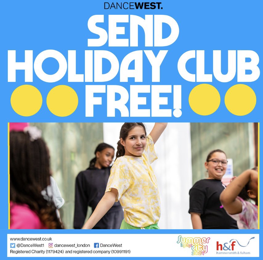 DanceWest (@dancewest1) on Twitter photo 10 days to go! Our Holiday club for children with special educational needs and disabilities starts on 5th - 9th of August☀️✨
See you at the <a href="/LyricHammer/">Lyric Hammersmith Theatre</a>
#Summerinthecity #DanceWest <a href="/LMPActionUK/">LMP Action</a> <a href="/LBHF/">H&F Council</a> 10 days to go! Our Holiday club for children with special educational needs and disabilities starts on 5th - 9th of August☀️✨
See you at the <a href="/LyricHammer/">Lyric Hammersmith Theatre</a>
#Summerinthecity #DanceWest <a href="/LMPActionUK/">LMP Action</a> <a href="/LBHF/">H&F Council</a>