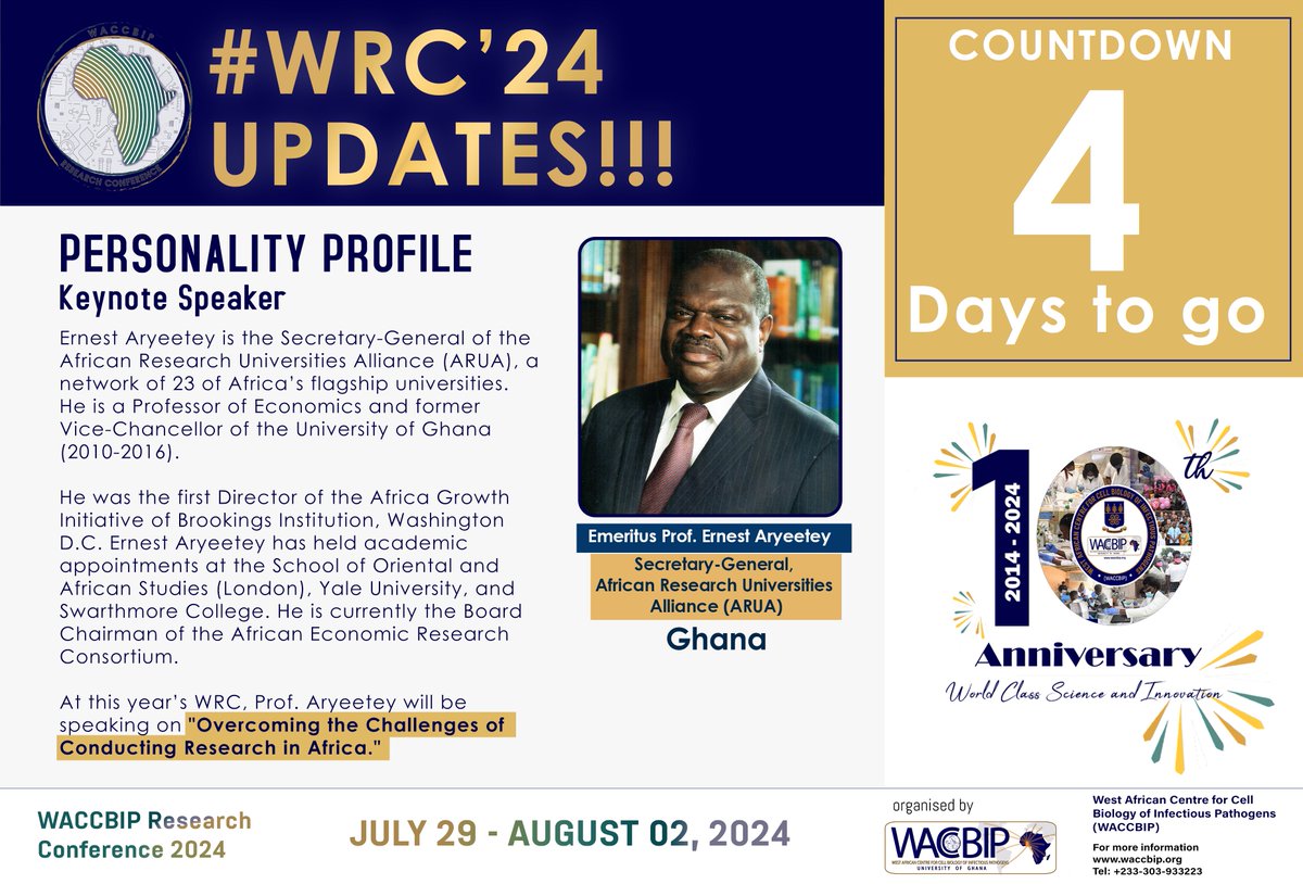 WACCBIP_UG's tweet photo. Prof. Ernest Aryeetey, Secretary-General of the African Research Universities Alliance (ARUA) and former Vice-Chancellor of the University of Ghana (2010-2016) will be a keynote speaker at #WRC2024! 
Only 4 days to go—don’t miss out! #Countdown #WACCBIPis10 #KeynoteSpeaker https://t.co/7U4mJLzIfa