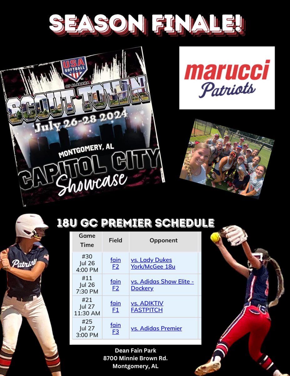 MarucciPatsGC's tweet photo. Our 18U girls will play their last tournament of the season in Montgomery, AL this weekend at the ScoutTown Showcase! We look forward to seeing you there! #maruccipatriots https://t.co/7XHFb6ENcy