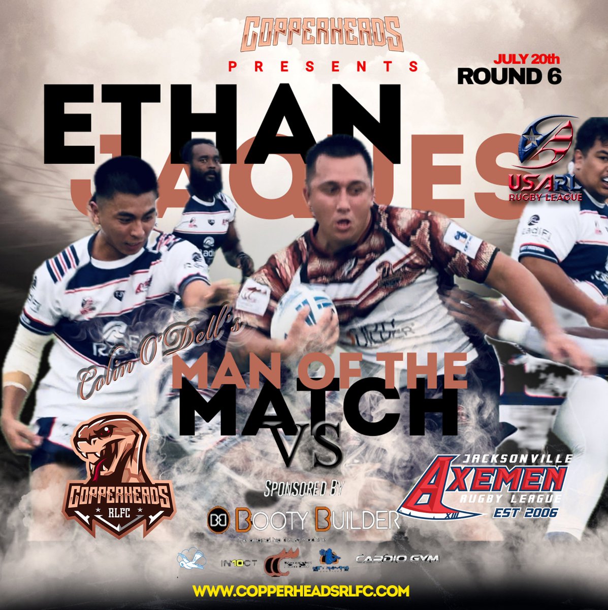 Round 6 Man of the Match is Ethan Jaques in the 8 point loss last weekend to the Axemen. 

Tickets are $20 for Adults (18+), $10 for Students (13-18), FREE for Kids (12U)

ALL PROCEEDS GO DIRECTLY TO THE CLUB FOR CHAMPIONSHIP EXPENSES