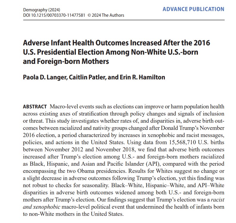 Demography Journal (@readdemography) on Twitter photo “Adverse Infant Health Outcomes Increased After the 2016 US Presidential Election”: <a href="/PaolaLanger/">Paola Langer</a> <a href="/CaitlinPatler/">Caitlin Patler, PhD</a> & E Hamilton find “rates of LBW & preterm births increased for Black, Hispanic & API mothers" after Trump’s election. <a href="/GoldmanSchool/">Goldman School of Public Policy</a> <a href="/UCBerkeley/">UC Berkeley</a> ow.ly/wI6k50SK8IH “Adverse Infant Health Outcomes Increased After the 2016 US Presidential Election”: <a href="/PaolaLanger/">Paola Langer</a> <a href="/CaitlinPatler/">Caitlin Patler, PhD</a> & E Hamilton find “rates of LBW & preterm births increased for Black, Hispanic & API mothers" after Trump’s election. <a href="/GoldmanSchool/">Goldman School of Public Policy</a> <a href="/UCBerkeley/">UC Berkeley</a> ow.ly/wI6k50SK8IH