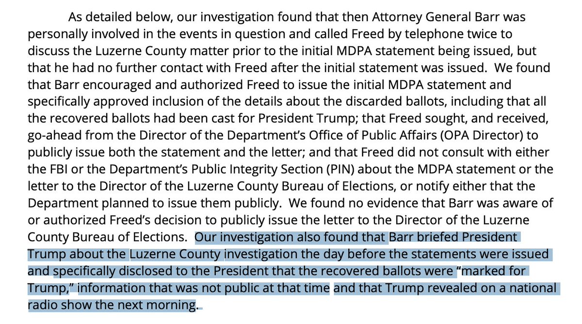 kyledcheney's tweet photo. JUST IN: Bad look for AG Barr here. Inspector general finds that he authorized release of "selective details" about a PA vote fraud probe in 2020 that supported Turmp's narratives even though DOJ had evidence that undercut it.

He also shared nonpublic info about probe with Trump https://t.co/er2xrakVdS