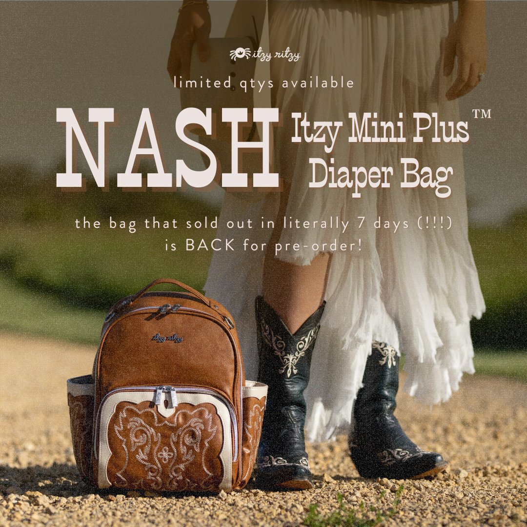 Cancel all your plans, the Nash Itzy Mini Plus is BACK!! 🤠🕺🫶 With a 1,300+ waitlist &amp; limited quantities available, lasso your western-inspired diaper bag now before it sells out again 🤝 pre-order linked here: bit.ly/3YeLbhX