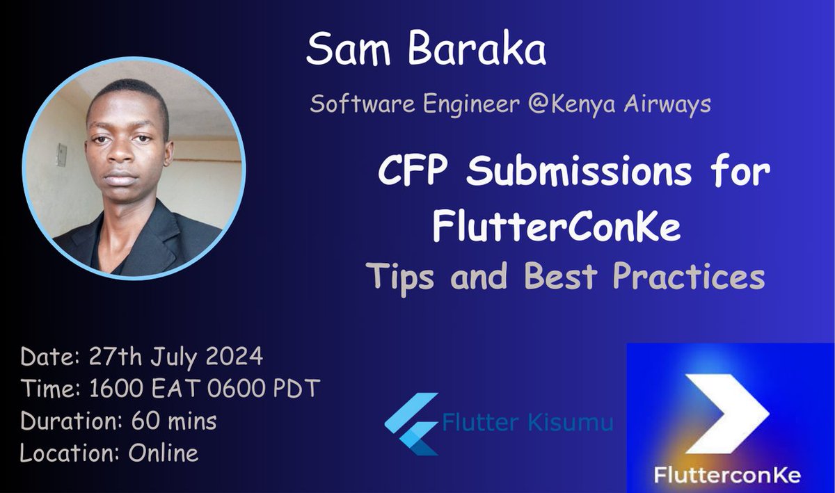 📣 Join us to learn how to craft compelling CFPs for FlutterConKe!
<a href="/sam_baraka_/">Samuel Baraka 💙</a> will share tips to help you stand out. Get actionable advice to elevate your submission and make your mark at FlutterConKe! 🚀

 <a href="/FlutterKisumu/">Flutter Kisumu💙</a>   <a href="/FlutterconKE/">FlutterconKE</a> 

bit.ly/3LDYBwl