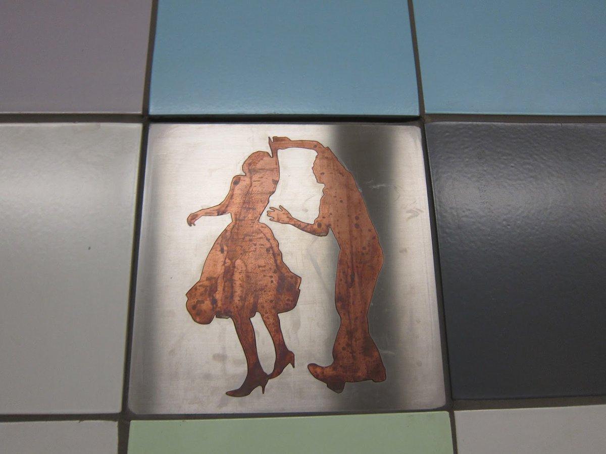 stationfixation's tweet photo. Shall we  dance? One hundred inset stainless steel and bronze 'memorial pixels'  are distributed throughout the tiling at Dufferin station. Part of  Eduardo Aquino and Karen Shanksi's 'Something Happens Here'. https://t.co/FZlMY8UQfv