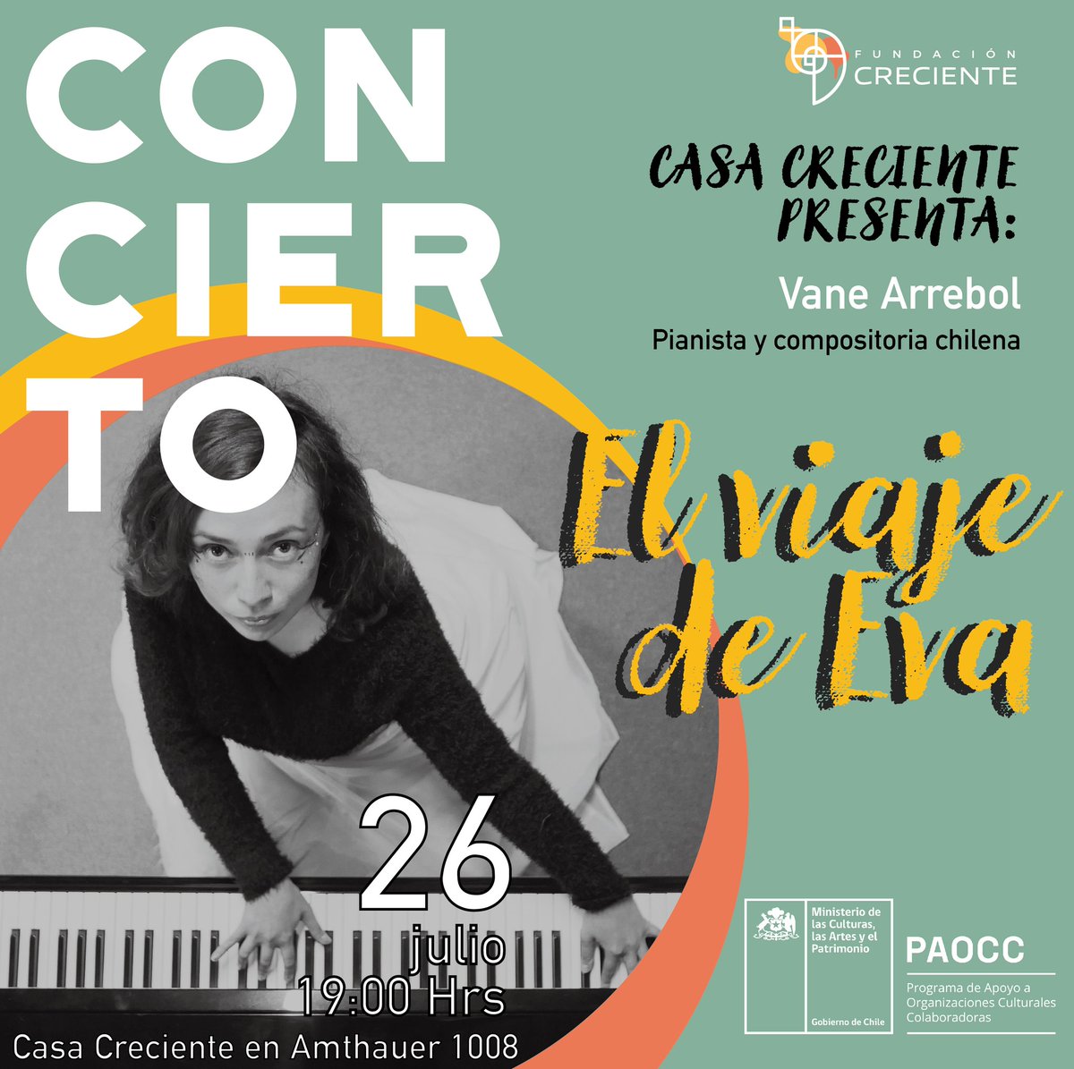 La Fundación Creciente, una institución  dedicada al desarrollo del arte, la Cultura y la educación de la Música de Las Américas, en su espacio llamado «Casa Creciente», presentará este viernes 26 a Vane Arrebol con su concierto «El viaje de Eva».
👉radiovozdelacosta.cl/?p=8912