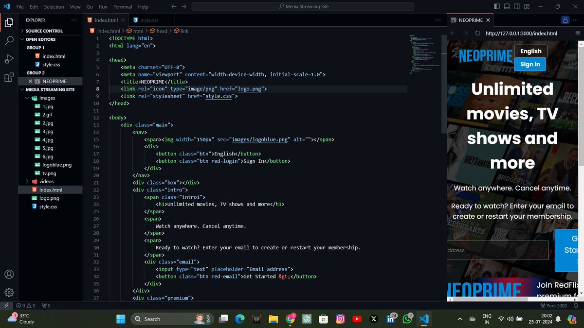 Sourabh_yadv's tweet image. Hey coders! 🖥️
Day 25 of #LearningWebDev was super exciting as I started working on a project using HTML and CSS to design a media streaming site, inspired by platforms like Netflix and Amazon Prime.
#WebDevelopment #HTML #MediaStreamingSite #ProjectInProgress #CodingJourney