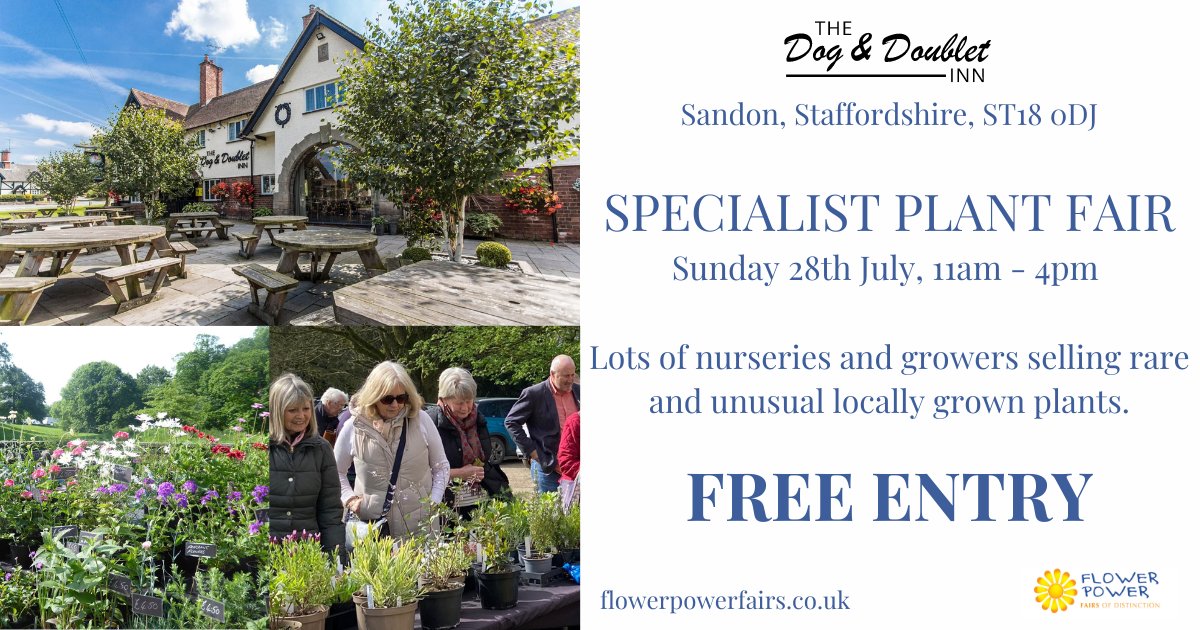 Only 3 days until our #SpecialistPlantFair at <a href="/doganddoublet/">The Dog & Doublet, Sandon</a> in #Sandon, #Staffordshire! Sun 28th Jul, 11-4pm. FREE ENTRY FOR ALL. Fabulous nurseries + growers selling unusual plants. Pls remember cash, not all stallholders take cards. #staffordshiregardeners #Staffsgardeners