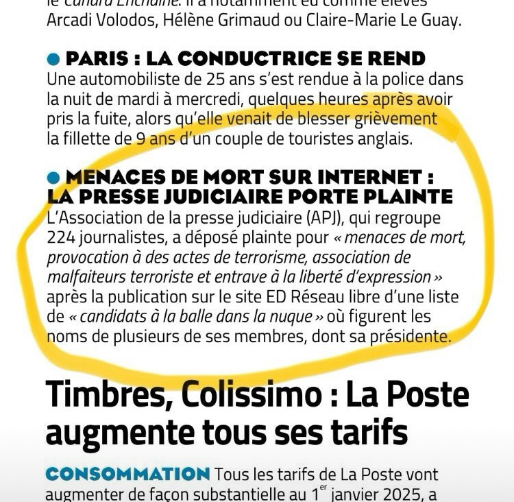 Après une liste d’avocats à abattre, des menaces inadmissibles contre plusieurs journalistes de l’association de la presse judiciaire (APJ) ⁦<a href="/PresseJu/">PresseJudiciaire</a>⁩ 
Plainte déposée et enquête en cours, comme le relaie aujourd’hui ⁦<a href="/Midilibre/">Midi Libre</a>⁩