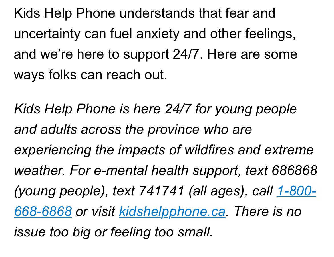 Sean Amato (@jsjamato) on Twitter photo Received a request to share this info about a mental health support, and I’m happy to do it.
I know firsthand how major wildfires can impact a person’s mind, even if you don’t realize the trauma and stress at the time. So it’s important to look after it. <a href="/KidsHelpPhone/">Kids Help Phone</a> Received a request to share this info about a mental health support, and I’m happy to do it.
I know firsthand how major wildfires can impact a person’s mind, even if you don’t realize the trauma and stress at the time. So it’s important to look after it. <a href="/KidsHelpPhone/">Kids Help Phone</a>
