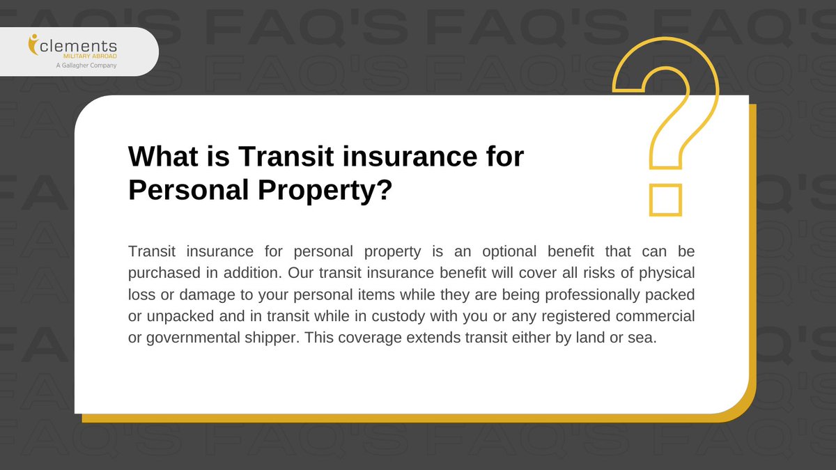 Tweet_Clements's tweet image. We're back again with our FAQ's! 👇 Do you have a question that you'd like answered? Send us a DM and we will cover it for you! 

Find out more about International Transit Insurance for Personal Property here: bit.ly/3UoBWIw

#personalproperty #insurance #ForeignService