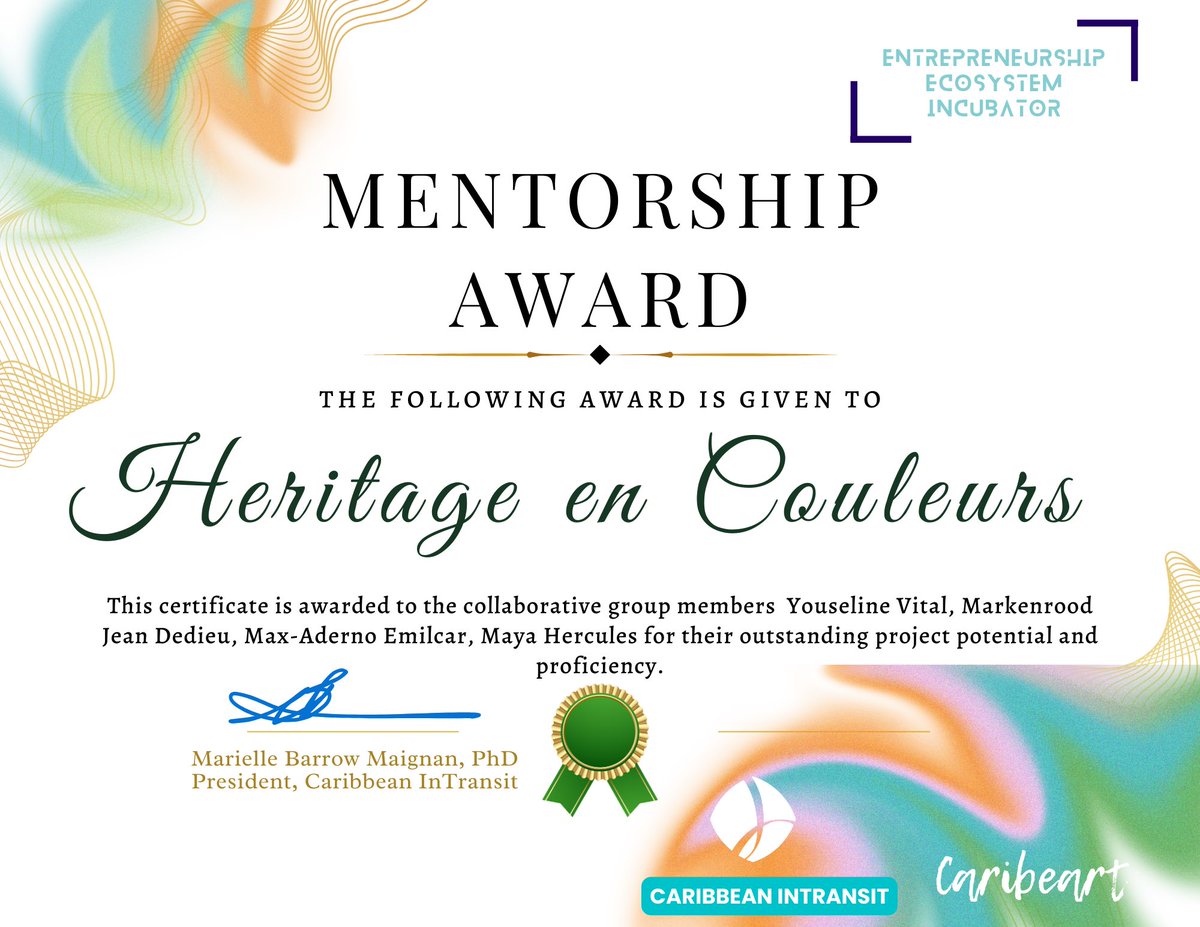 MarkenroodTbs's tweet photo. Terminé le programme Régional Transcultura de l’UNESCO avec Caribbean InTransit et l’Union Européenne. J’ai eu à collaborer avec 34 jeunes entrepreneurs des Caraïbes et de recevoir le certificat de l’Incubateur Régional ainsi que le prix de mentorat pour ‘Héritage en Couleurs’. https://t.co/7r7dtSQ6z9