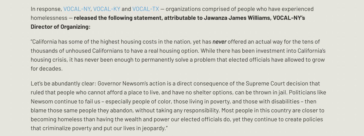VOCAL-NY (@vocalnewyork) on Twitter photo STATEMENT: <a href="/GavinNewsom/">Gavin Newsom</a> rejects *proven* housing & services solutions to bust encampments!
This is a direct consequence of the #SCOTUS decision that ruled people who cannot afford a place to live and have no shelter options can be thrown in jail! SHAME!
vocal-ny.com/rcl59gf STATEMENT: <a href="/GavinNewsom/">Gavin Newsom</a> rejects *proven* housing & services solutions to bust encampments!
This is a direct consequence of the #SCOTUS decision that ruled people who cannot afford a place to live and have no shelter options can be thrown in jail! SHAME!
vocal-ny.com/rcl59gf