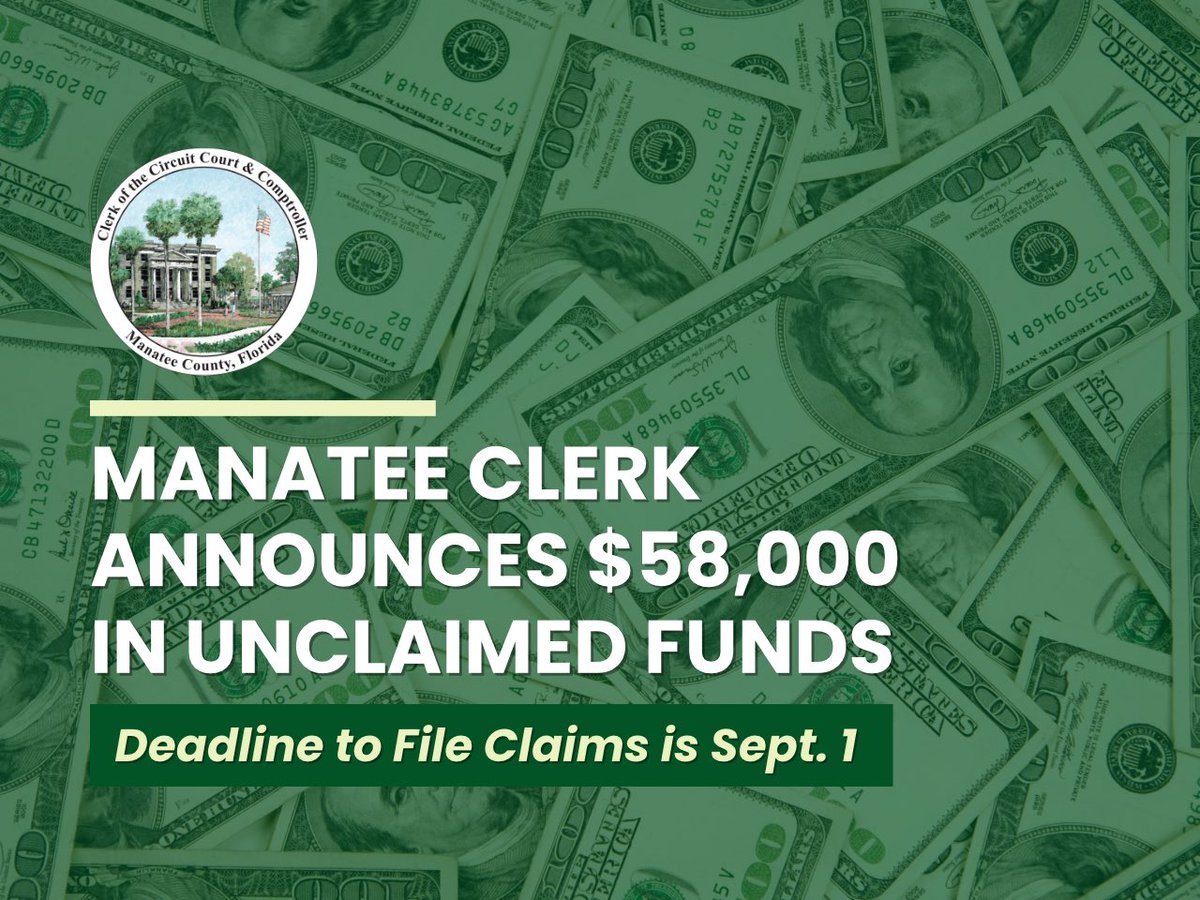 Our annual unclaimed funds list, which consists of uncashed checks for court-related activities, is now available.

This list, totaling $58,888.27, is for jury service, overpaid court fees, court registry, and vendor payments.

View the list at manateeclerk.com

#flclerks