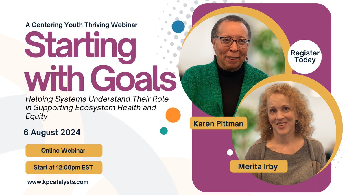 Don’t miss the 2nd webinar in the Centering Youth Thriving series hosted by @KPCatalysts w/ <a href="/KarenPittman/">Karen J. Pittman</a> &amp; <a href="/MeritaIrby/">Merita Irby</a>, coauthors of “Too Essential to Fail.” They will lead a conversation about how thriving ecosystems are essential to youth thriving. bit.ly/4cGXFTZ