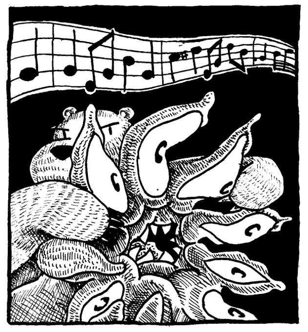 New comic on Patreon! https://t.co/3Bc1sRhROp Subscribe to see the full comic. Anechka the rabbit's flute song is pacifying the flower-eyed demon! 
