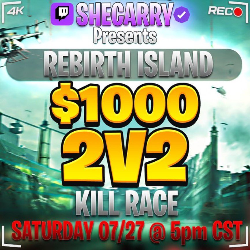 SheCarry's tweet image. Rebirth Island 2v2 Hosted by @SheCarry🏝️

• Date &amp;amp; Time: Saturday, 5:00 PM CST

•Format: Community kill race, spots not guaranteed

•Entry Fee: Twitch Sub (gifted or extended)

•Structure: Best of 3

•Bonus: If you’re not selected for the kill race but are still subscribed,…