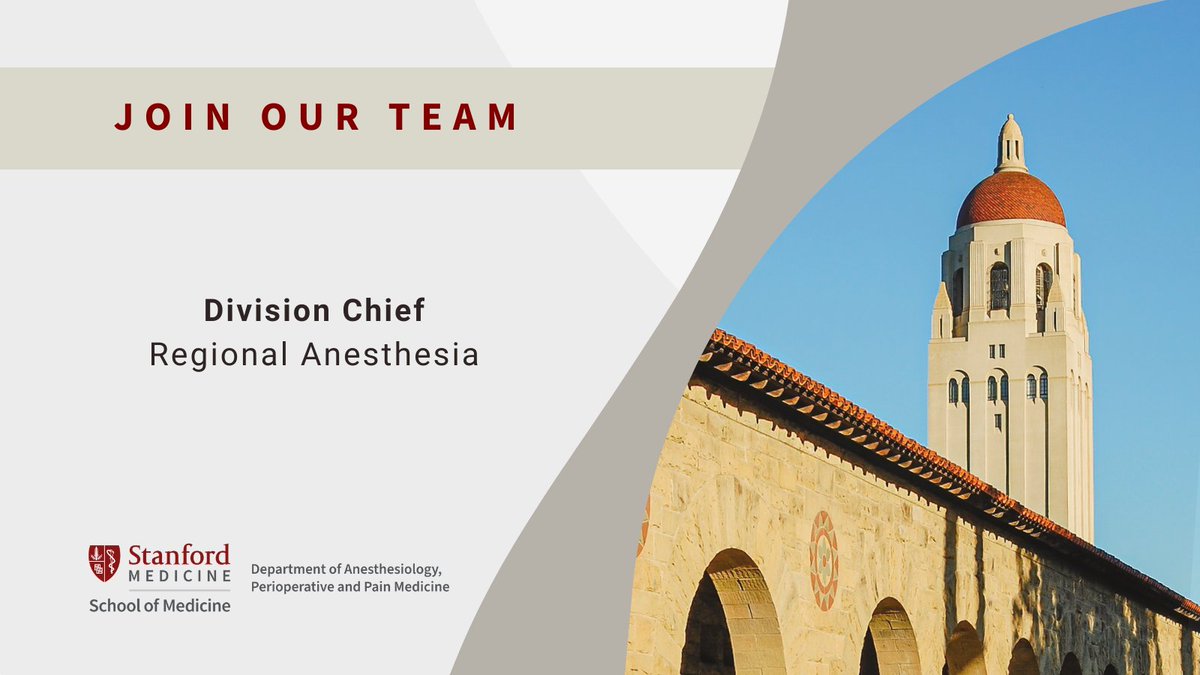 Stanford Anesthesia is recruiting a new Division Chief of Regional Anesthesia, an exciting opportunity to lead an outstanding team of regional anesthesiologists providing clinical care, training, and conducting cutting edge research.

Learn more: stanford.io/46lcOYu