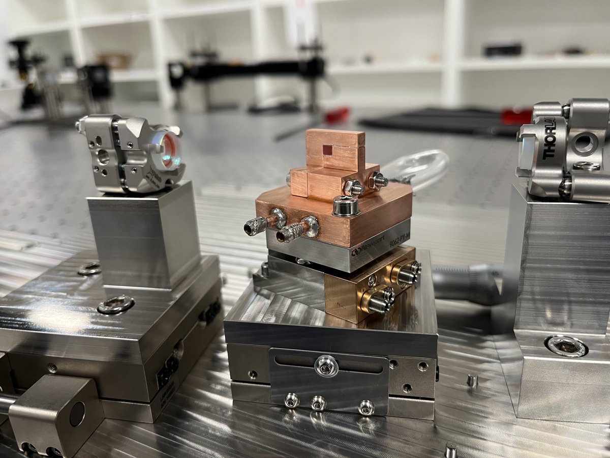 KDChesnut's tweet photo. I've been slow to update on this but the CW portion of the Ti:Sapphire oscillator build has progressed quite nicely! Picture here are the two curved mirrors for the z-fold cavity, crystal mount, and initial pump alignment. https://t.co/8LqvCKBocq