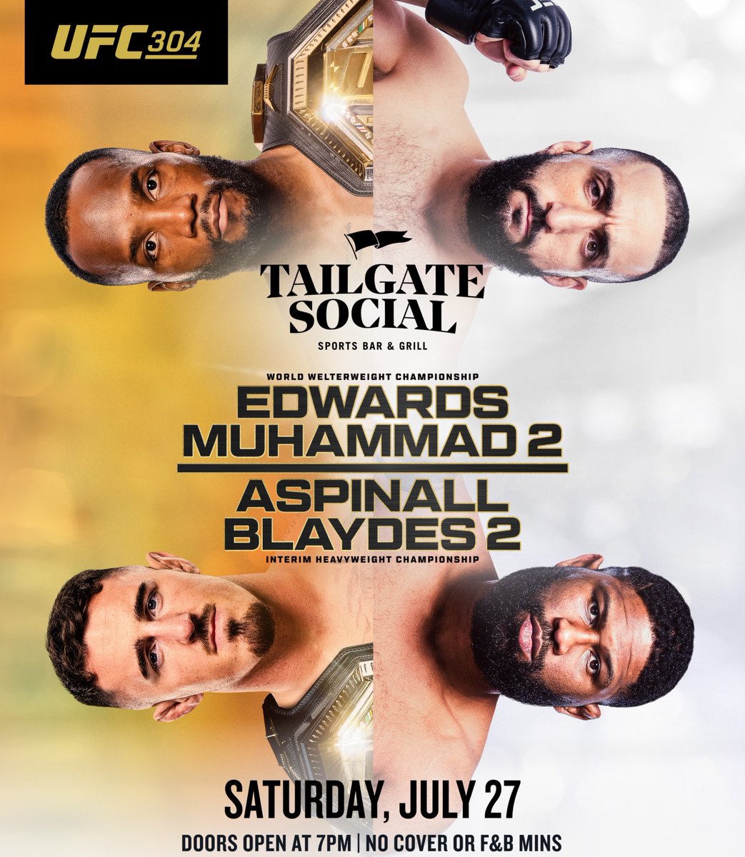 Tailgate_Social's tweet photo. UFC 304 this Saturday! Come see the full main card starting at 7PM! Book your table through the link in our bio. 🥊 🍻 https://t.co/3Hq7OBKrCI