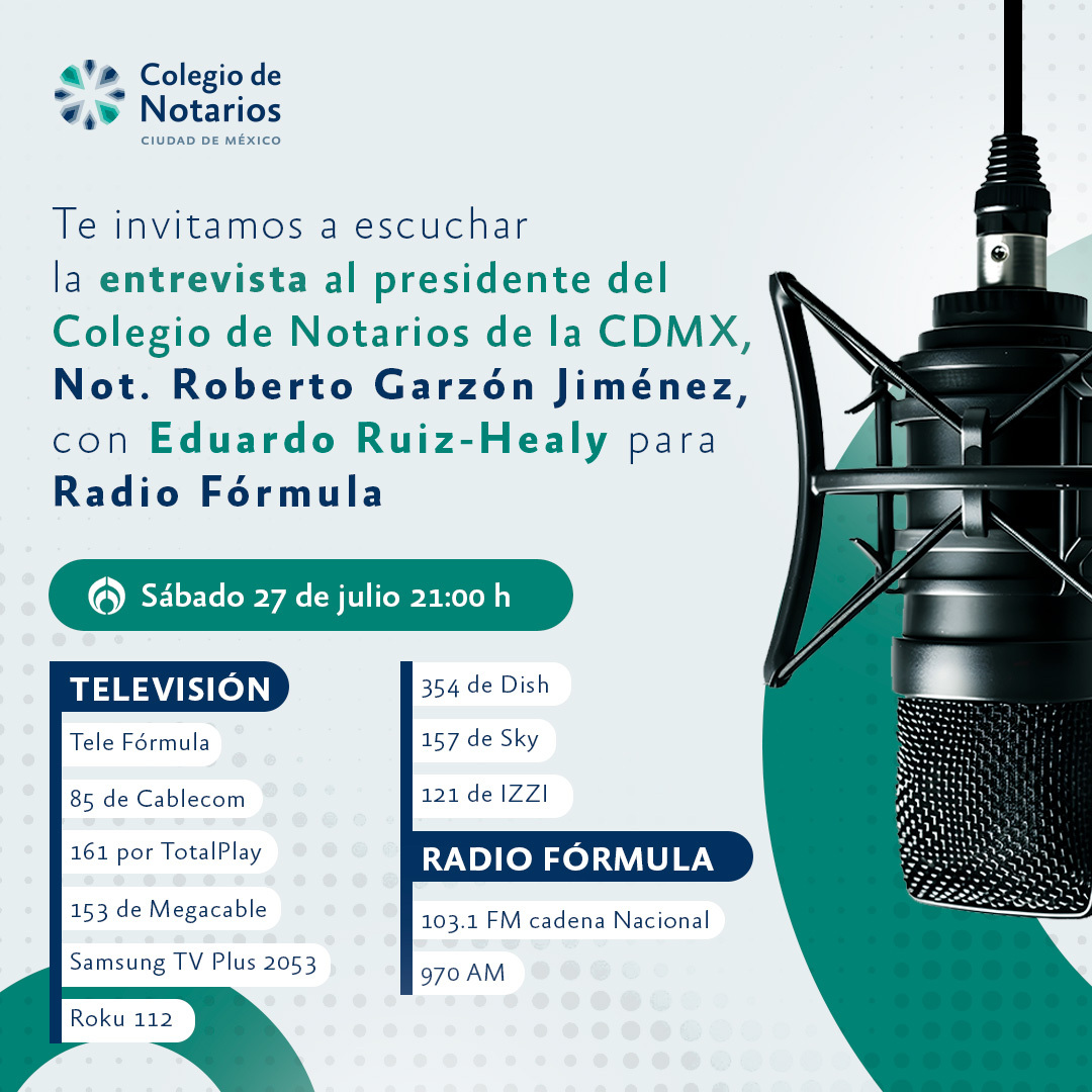No te pierdas la entrevista al Presidente del <a href="/colegionotarios/">Colegio de Notarios CDMX</a>, Not. Roberto Garzón Jiménez <a href="/RGARZON1/">R Garzon</a>, con <a href="/ruizhealy/">Eduardo Ruiz-Healy</a> para <a href="/Radio_Formula/">Grupo Fórmula</a> sobre la actividad notarial. Este sábado a las 21:00 horas: bit.ly/4deGXuX