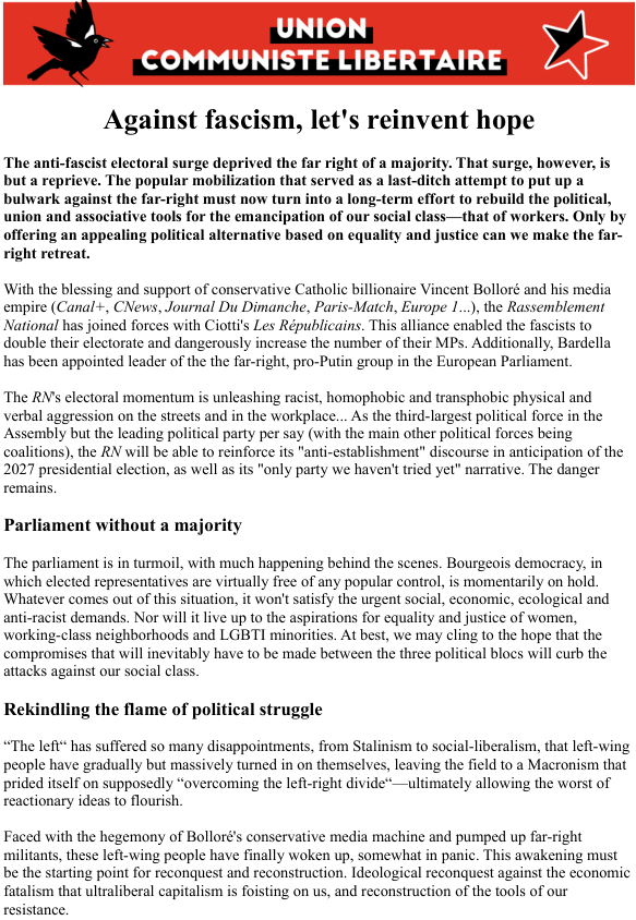 ucl37's tweet photo. Translation of our press release post elections : against fascism, let's reinvest hope
https://t.co/5hEEdcaHF8
#ClassUnity #ClassPride #ClassWar #worldwide
@Anarcommunists @AnarComNet @BRRN_Fed @MelbourneACG @geelongancoms @AKLAnarchists @redblacknotes @iww @IntFedAnarchist https://t.co/f0kN3x7mfF