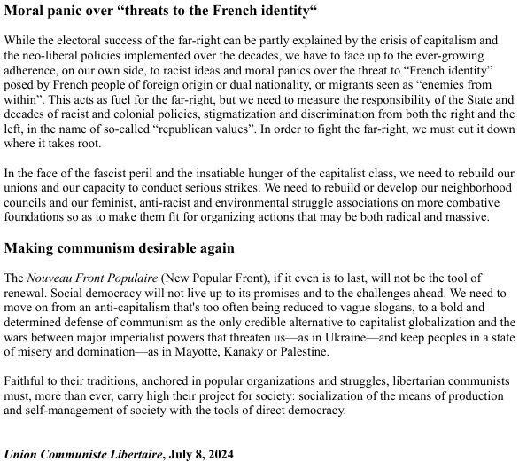 ucl37's tweet photo. Translation of our press release post elections : against fascism, let's reinvest hope
https://t.co/5hEEdcaHF8
#ClassUnity #ClassPride #ClassWar #worldwide
@Anarcommunists @AnarComNet @BRRN_Fed @MelbourneACG @geelongancoms @AKLAnarchists @redblacknotes @iww @IntFedAnarchist https://t.co/f0kN3x7mfF