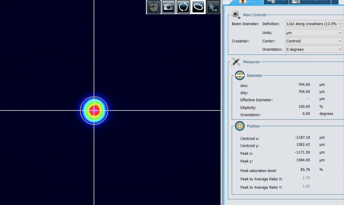 KDChesnut's tweet photo. Initial alignment of the CW cavity produced a nice round beam with 1.1 W output power and ~30% optical-to-optical efficiency https://t.co/co61JXZTbg