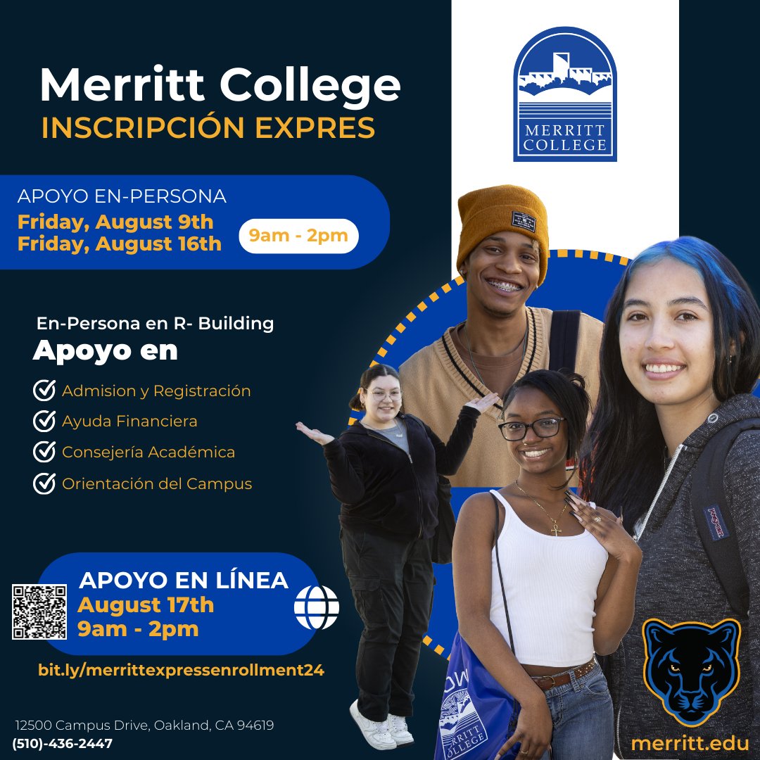 CLASSES FOR FALL 2024 BEGIN ON 8/19!

Stop by the R Building on Friday, 8/9 or 8/16 from 9 AM - 2 PM for Merritt College's Express Enrollment to get started or finish enrolling!

Online support is available on Saturday, 8/17 from 9 AM - 2 PM at bit.ly/merrittexpress…