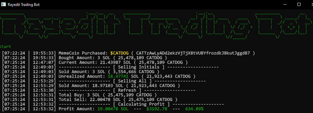 Rayedit >

$CATDOG

Purchased value: 3 SOL ( 25,478,109 CATDOG )
> Sold For: 21 SOL 

Profit: 634%