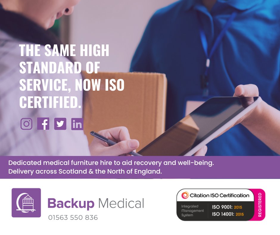 Backupmedical's tweet photo. The process took nearly a year, a lot of hard graft and a few tears (Robert’s) but- we're really proud to be one of the few medical equipment supplier in Scotland with ISO 9001:2015 and ISO 14001:2015 certifications. https://t.co/m0ejsSxBRb