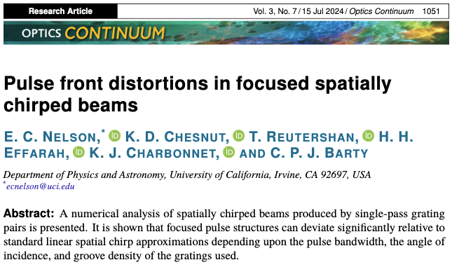KDChesnut's tweet photo. Recent publication (1st author E Nelson not on X) in @OpticaPubsGroup from the Barty Group @UCIPhysAstro on the distortions of focused space-time entangled beams earned not just the Editor's Pick, but also, the even higher distinction, of being cited on RP Photonics https://t.co/SMtU5xpzag