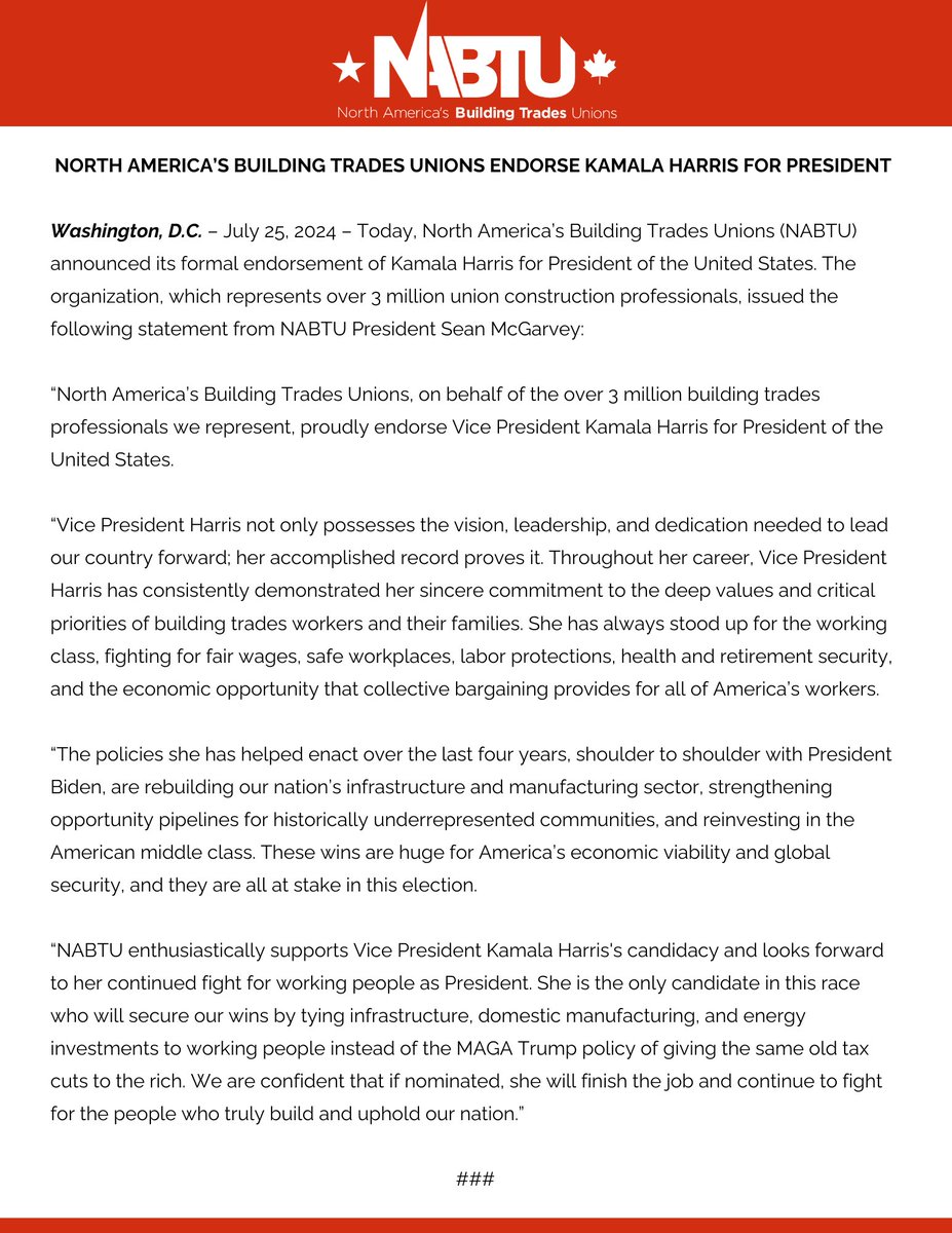 NABTU's tweet image. NABTU is proud to endorse @KamalaHarris for President of the United States of America.
