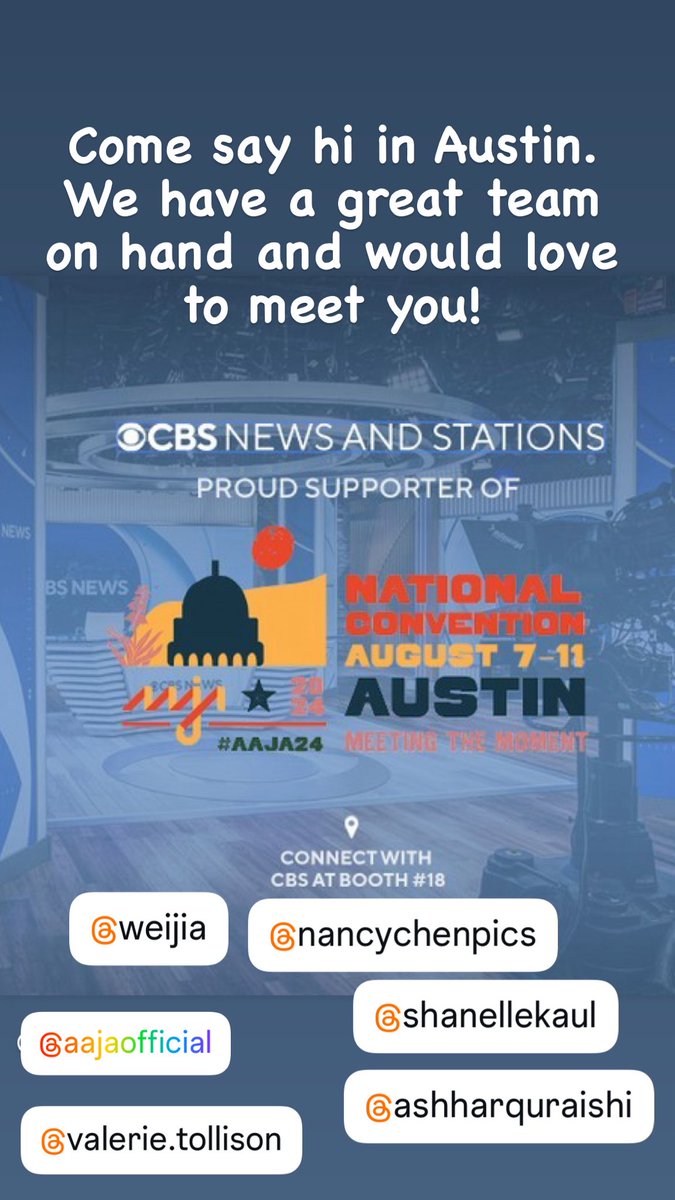 Looking to break into journalism? Grow? Find a new gig? Come to ⁦<a href="/aaja/">Asian American Journalists Association est. 1981</a>⁩ convention in Austin and meet some of my teammates ⁦<a href="/CBSNews/">CBS News</a>⁩ ⁦<a href="/weijia/">Weijia Jiang</a>⁩ ⁦<a href="/NancyChenNews/">Nancy Chen</a>⁩ ⁦<a href="/ashhar_quraishi/">Ash-har Quraishi</a>⁩ ⁦@shanellekaul_⁩  we’d love to talk to you!