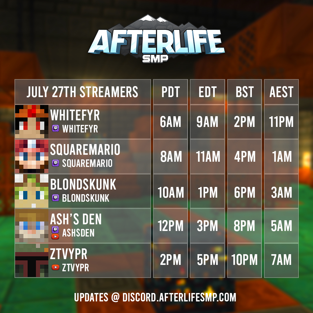 🎉 We’re thrilled to announce that our first Stream Day in over a year is back! 🎉

Join us throughout the day on July 27th to catch amazing streams from various AfterLife Members. Don’t miss out on the fun! ✨
#Minecraft #MinecrafServer