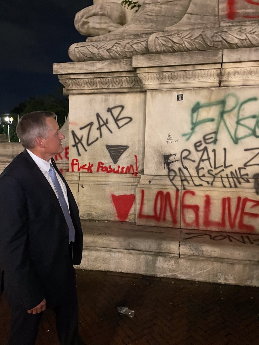 NatResources's tweet photo. While pro-Hamas sympathizers will laud yesterday as progress, history will reflect the truth: the defacing of national monuments and the desecration of the American flag is a disgusting act of violence. Rest assured these actions will not go unchecked. https://t.co/7ljTzQdsi4