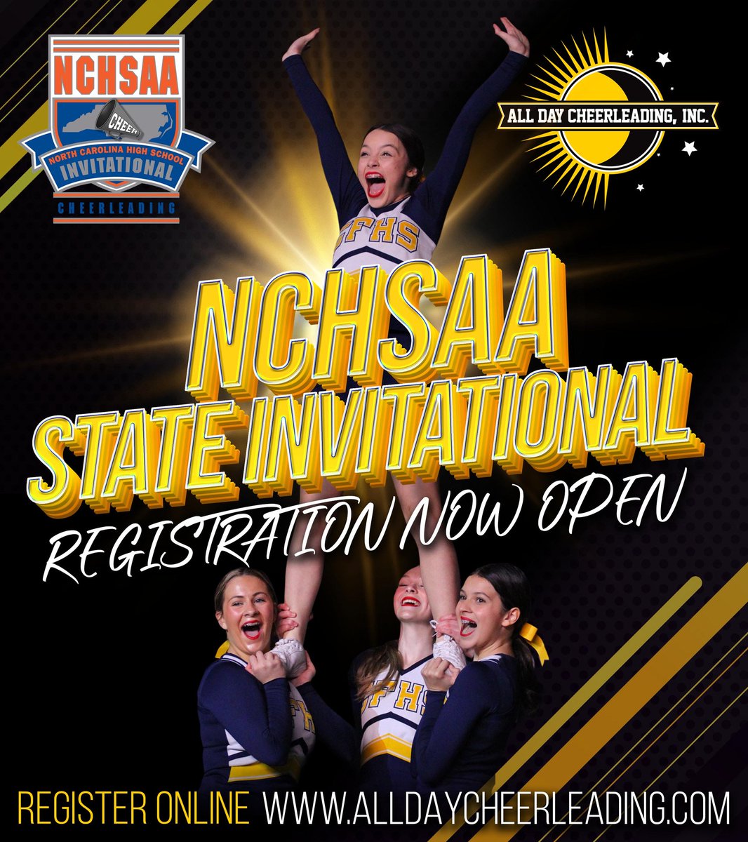 Registration is NOW OPEN for the 2024 NCHSAA State Invitational! 📣

#AllDayCheerleading has partnered with NC High School Athletic Association to host this amazing event on December 7, 2024!

Visit their website to register at alldaycheerleading.com

#theCDIP
