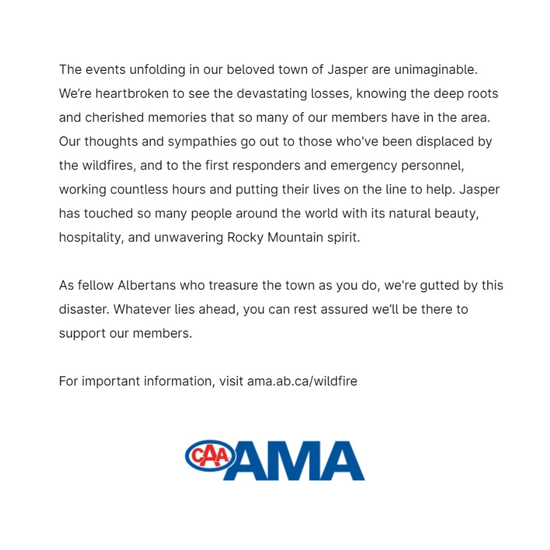 Our hearts go out to Jasper. ❤️ 
For important information, visit ama.ab.ca/wildfire #abwildfire #jasperstrong