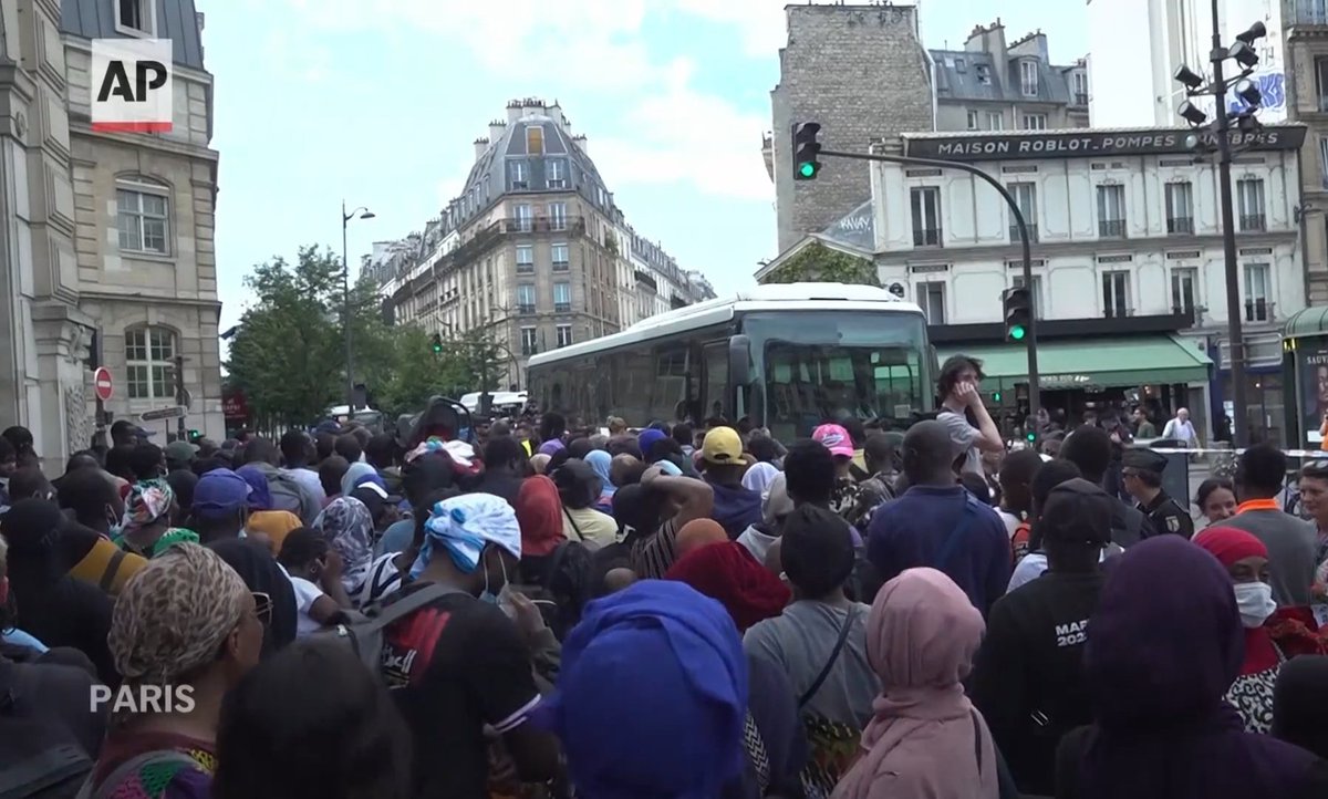 BIG NEWS 🚨 Migrants are being evicted from Paris en masse during Paris Olympics.

Buses have come to remove them. Migrant camp on Paris street cleared.

The group of largely African migrants headed for the fringes of the city in buses.

Several migrants are being forcibly