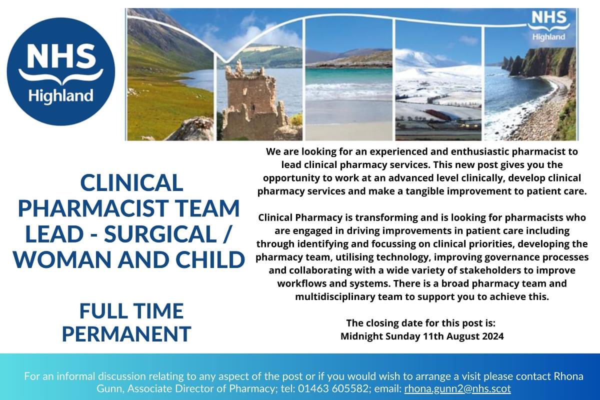 📣 are you looking for a new challenge? We are recruiting to this newly developed post in the beautiful Scottish Highlands, a wonderful opportunity to come &amp; join our fabulous Pharmacy Team