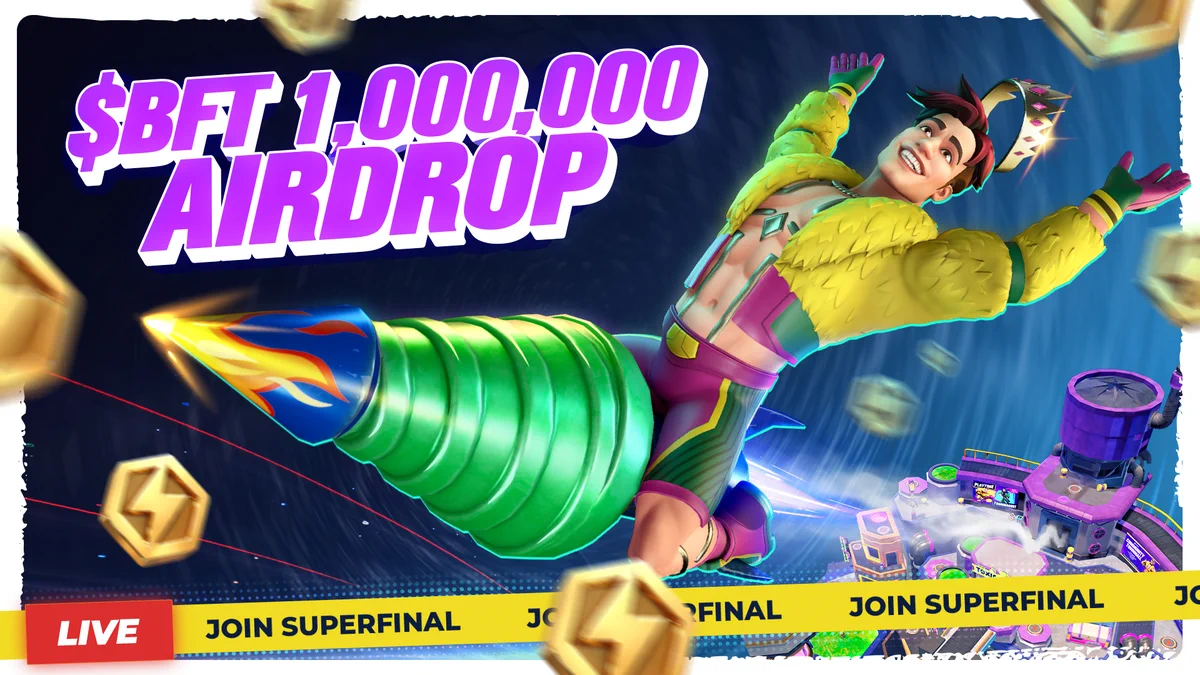 Promotional graphic of Boss Fighters for a $1,000,000 airdrop event featuring an animated character flying with a rocket pack, surrounded by coins and casino elements, with bold text announcing the event.