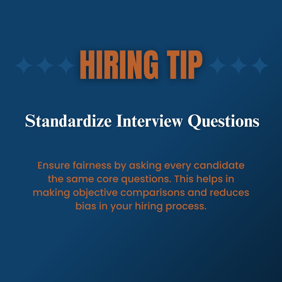 Standardize interview questions to ensure fair and consistent assessments. Use core and follow-up questions to identify top candidates. 

#Hiring #Recruitment #HR