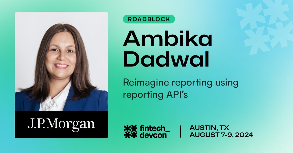 🧠 At this year's #fintechdevcon, Ambika Dadwal from <a href="/jpmorgan/">J.P. Morgan</a> will explore building a self-service data ecosystem for customizable reporting.  

More about Ambika and her session. 👉 loom.ly/PnYtxl0